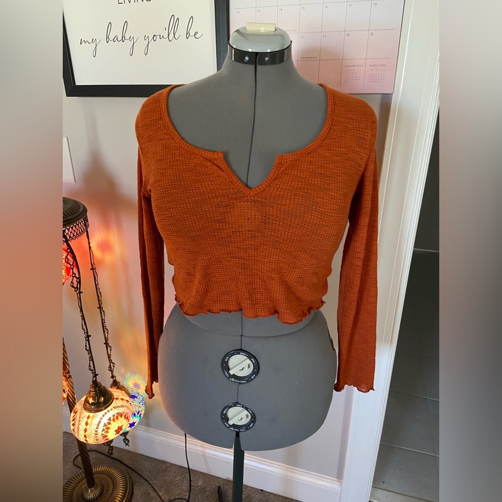 Shein - Orange Long Sleeve Crop Vneck Shirt Medium